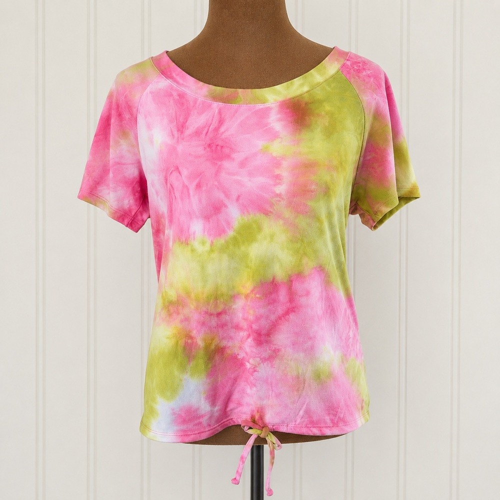 SPORTELLE Tee Shirt Women's‎ Small Pink Green Tie Dye Drawstring Hem Stretch NWT